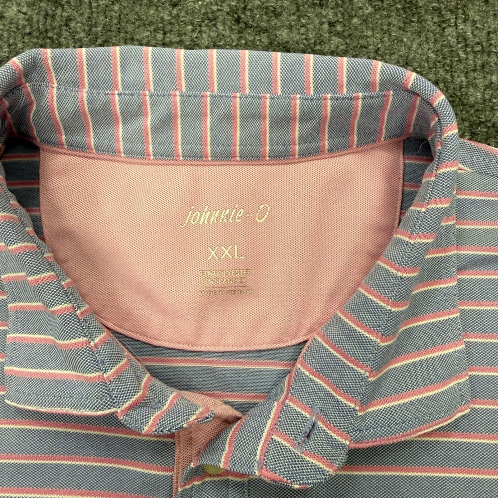 Johnnie-O Mens XXL Blue Pink Striped Performance Polo Shirt Stretch Short Sleeve - Picture 2 of 8